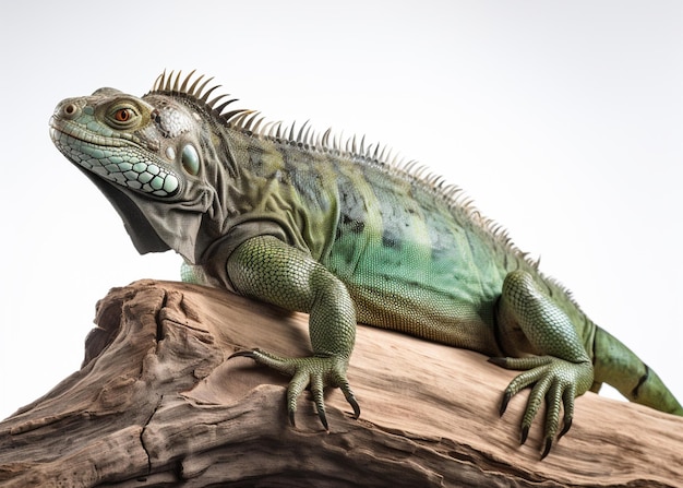 Retrato de estudio de iguana verde en la rama de un árbol aislado sobre fondo blanco ai generativo