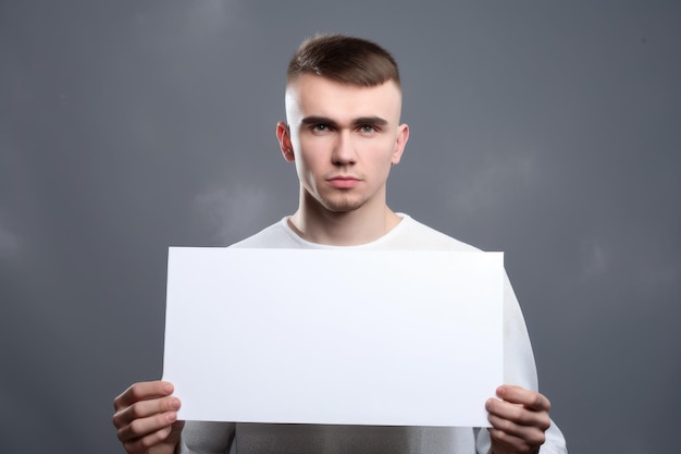 Retrato de estudio de un joven sosteniendo un cartel en blanco contra un fondo gris