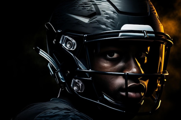 Retrato de estudio de un jugador profesional de fútbol americano en uniforme negro Determinado poderoso atleta afroamericano cualificado con casco con máscara protectora Aislado en fondo negro