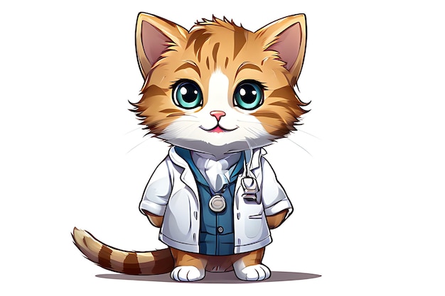 Retrato de estudio de un lindo gatito de Maine Coon con una bata médica y un estetoscopio