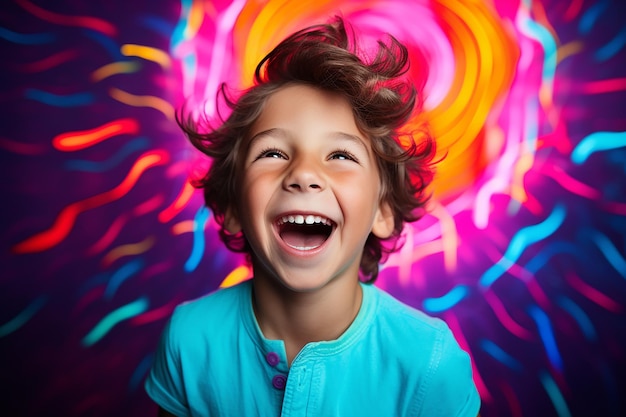 Foto retrato de estudio de un lindo niño riendo en un fondo de diferentes colores