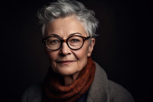 Retrato de estudio de una mujer anciana con cabello gris corto modelo de moda fotografía en estudio mujer anciana que usa gafas retrato de una mujer senior confiada