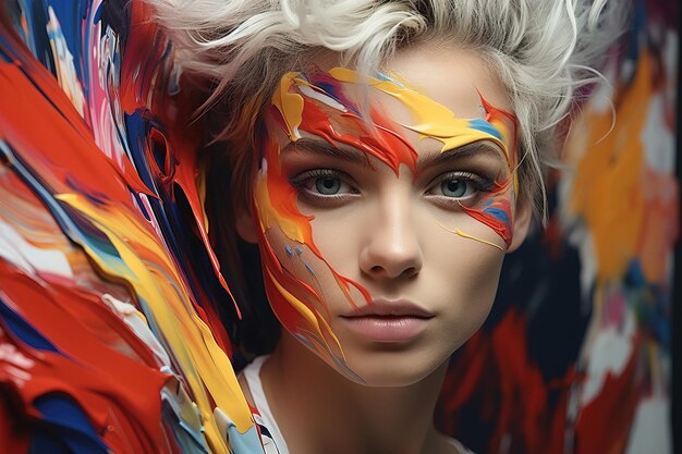 Retrato en el estudio de una mujer caucásica con maquillaje artístico o pintura de colores en la cara