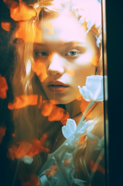 Retrato de estudio de una mujer con flores vívidas IA generativa