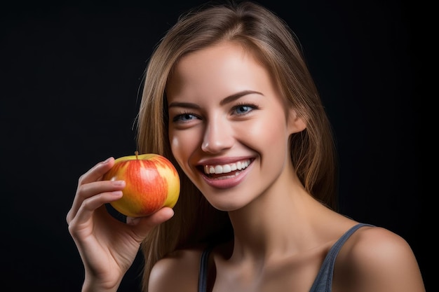 Foto retrato de estudio de una mujer joven en forma comiendo una manzana creada con ai generativa