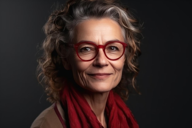 Retrato de estudio de una mujer madura sonriente con anteojos rojos y elegantes mirando hacia otro lado aislado en el concepto de anuncio de espacio de copia de fondo