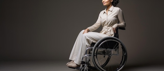 Retrato de estudio de mujer de raza mixta en silla de ruedas mirando a la cámara