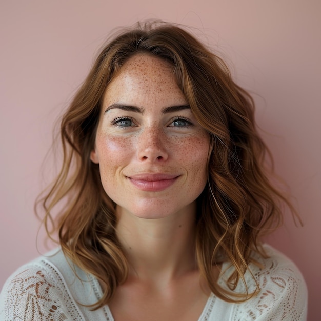 Foto retrato de estudio de una mujer sonriente con fondo rosa claro