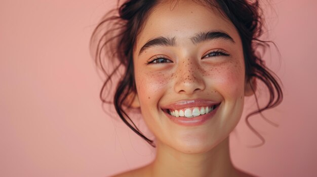 Retrato de estudio de una mujer sonriente con fondo rosa claro