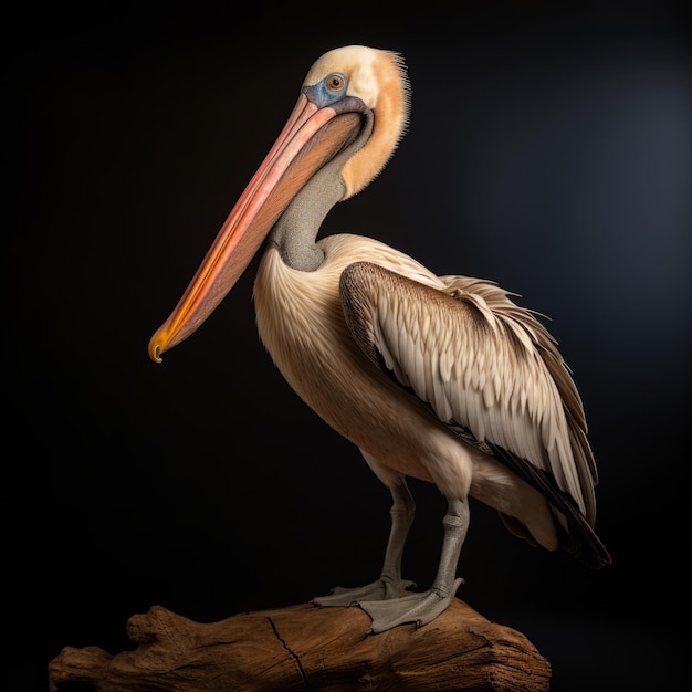 Retrato de estudio de un pelícano blanco en un tronco de madera