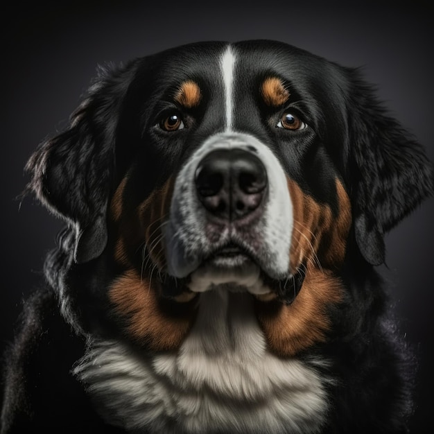 Retrato de estudio de perro de montaña bernés como mascota de pastor doméstico con detalles deslumbrantes