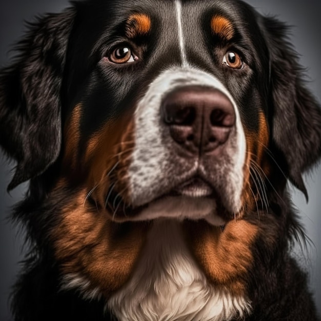 Retrato de estudio de perro de montaña bernés como mascota de pastor doméstico con detalles deslumbrantes