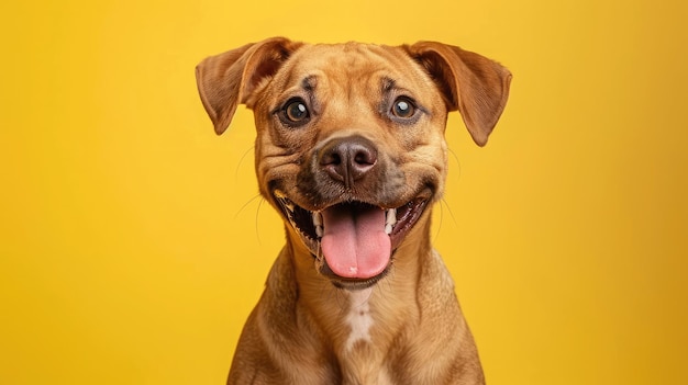 Foto retrato de estudio de un perro de raza mixta de color marrón mirando hacia adelante y sonriendo con la lengua hacia afuera contra un fondo amarillo