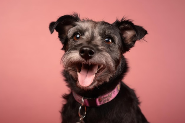 Retrato de estudio de un perro de rescate de raza mixta negro marrón y blanco sonriente sentado y sonriendo contra un fondo rosa