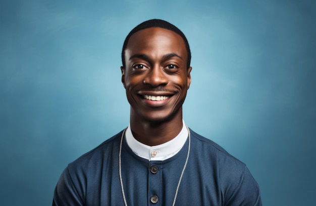 Retrato de estudio de sacerdote africano contra el concepto de religión de fondo azul