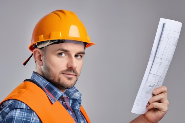 Foto retrato de estudio de un trabajador de la construcción con chaleco naranja y casco duro sosteniendo la nivelación