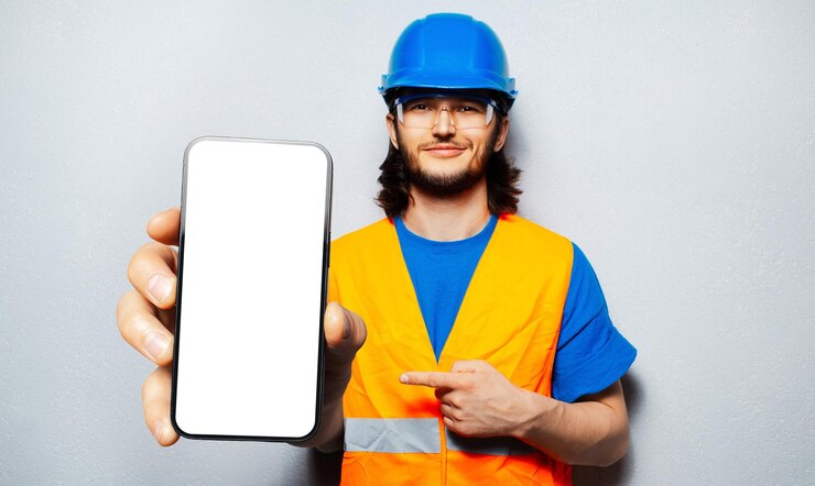 Foto retrato de estudio de un trabajador de la construcción sonriente sosteniendo un gran teléfono inteligente con una pantalla en blanco en la mano señalando con el dedo índice mostrando cerca de la cámara un dispositivo con una maqueta en el fondo blanco