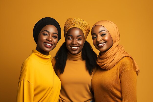 Retrato de estudio de tres hermosas mujeres jóvenes paradas juntas en un abrazo en diferentes colores de espalda