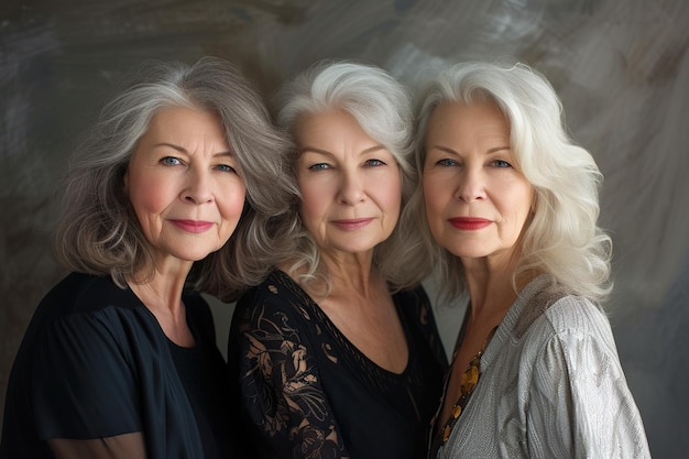 Retrato de estudio de tres hermosas mujeres mayores con cabellos grises