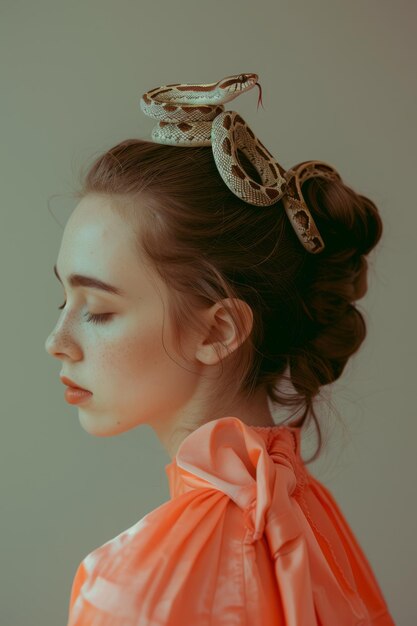 Foto retrato de estudio de vista lateral mujer mirando por encima de su hombro una serpiente jugando en su cuello