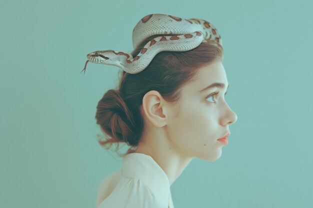 Foto retrato de estudio de vista lateral mujer mirando por encima de su hombro una serpiente jugando en su cuello