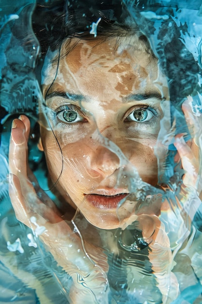 Retrato etéreo de una joven sumergida en el agua con la mirada fijada en la cámara