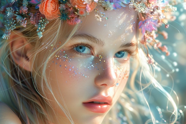Foto retrato etéreo de una mujer joven adornada con corona floral y brillo