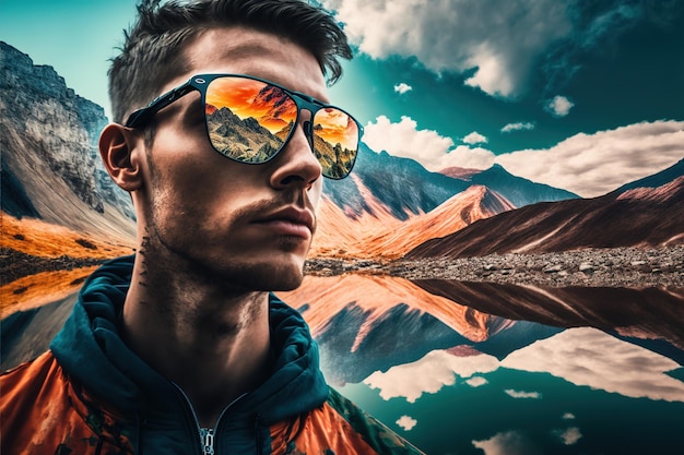 Retrato de excursionista con gafas de sol reflejo del maravilloso camino de montaña y el cielo