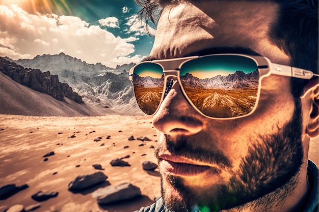 Retrato de excursionista con gafas de sol reflejo del maravilloso camino de montaña y el cielo