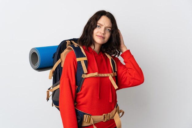 Foto retrato, excursionista, mujer, con, mochila