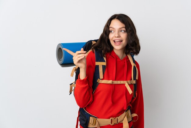 retrato, excursionista, mujer, con, mochila