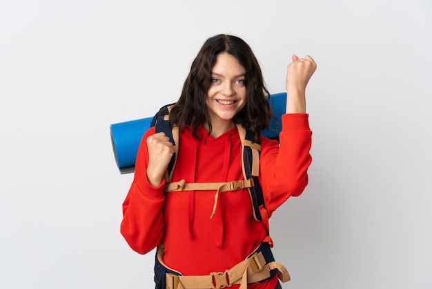 retrato, excursionista, mujer, con, mochila