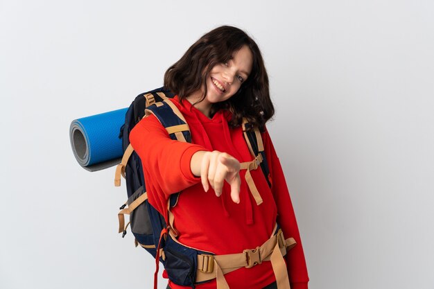 Foto retrato, excursionista, mujer, con, mochila