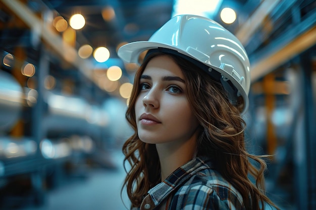 Retrato de una exitosa ingeniera caucásica que se pone un casco blanco en una fábrica de fabricación de electrónica Especialista en industria pesada que piensa en proyectos de tecnología avanzada en la producción