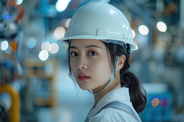 Retrato de una exitosa ingeniera japonesa que se pone un casco blanco en una fábrica de fabricación de electrónica Especialista de la industria pesada que piensa en proyectos de tecnología avanzada en la producción