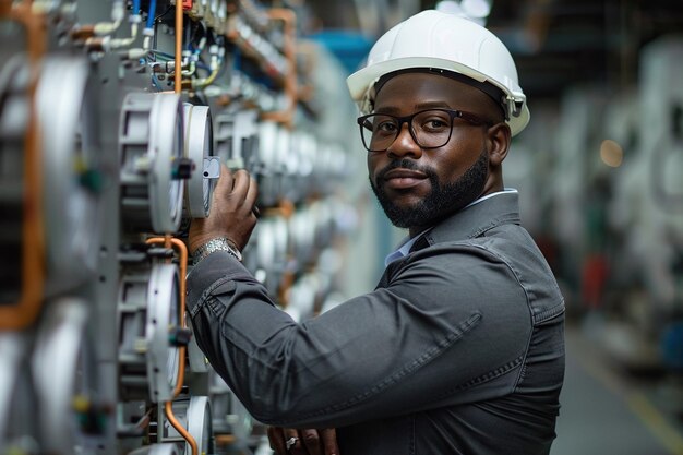 Retrato de un exitoso ingeniero afroamericano que se pone un sombrero blanco