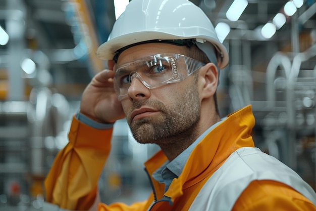 Retrato de un exitoso ingeniero caucásico que se pone un casco blanco en una fábrica de fabricación de electrónica Especialista de la industria pesada que piensa en proyectos de tecnología avanzada en la producción