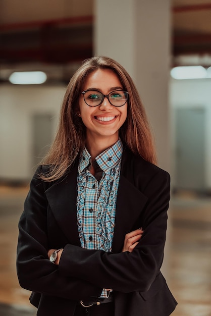 Foto retrato, de, exitoso, mujer profesional, con, ella, armamentos cruzaron, sonriente, mujer de negocios, posición, en, garaje