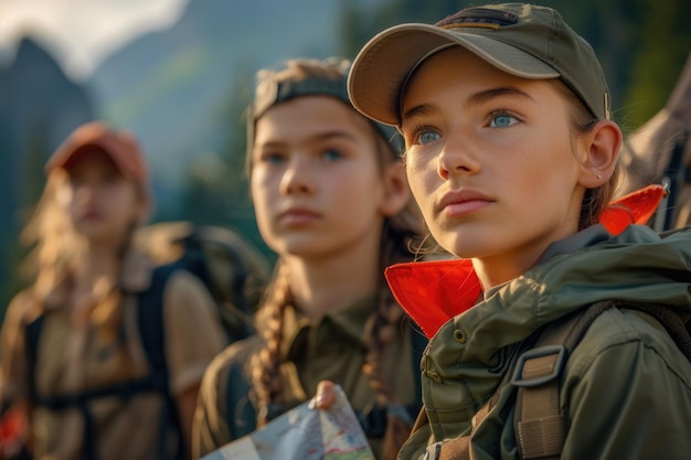 Retrato de un explorador mira a un representante del Movimiento Scout encarnando los principios de bondad, resistencia y solidaridad a través de sus rasgos de personalidad y espíritu del servicio explorador.