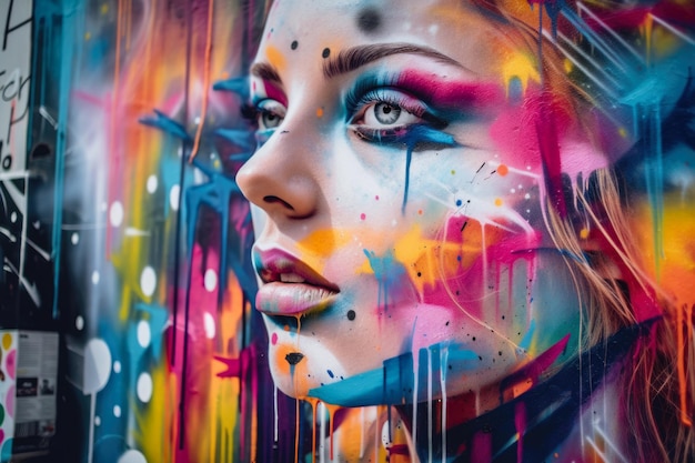 Retrato expresivo de arte callejero de una mujer con detalles intrincados y colores llamativos
