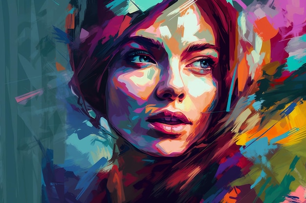 Retrato expressivo de uma mulher em estilo futurista com pinceladas ousadas e composição dinâmica
