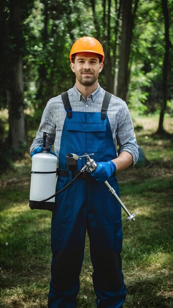 Foto retrato de un exterminador profesional con un pulverizador con productos químicos para el control de plagas