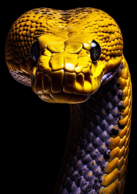 Retrato facial animal de una serpiente amarilla salvaje en un telón de fondo oscuro conceptual para el marco