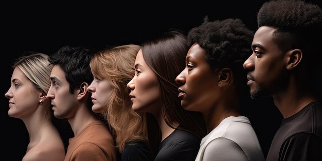 Retrato facial de diversas personas juntas mirando directamente el concepto multirracial