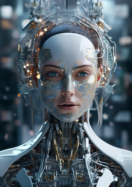 Retrato facial humanoide de un robot cyborg con IA humanoide