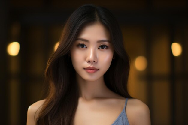 Retrato facial de una joven asiática de 20 años, mujer hermosa con el hombro abierto mirando a la cámara.