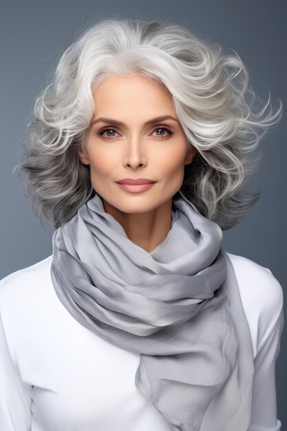 Retrato facial de una mujer elegante con peinado de cabello gris