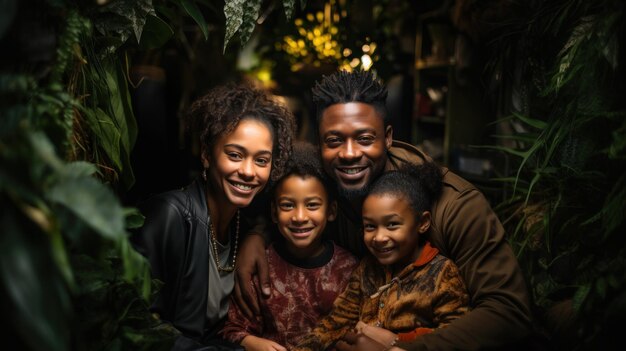 Retrato de una familia afroamericana feliz pasando tiempo juntos en el fondo de vegetación de casa