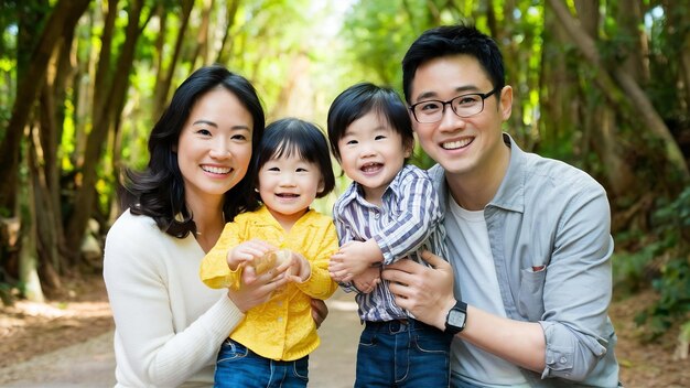 Retrato de una familia asiática feliz y sonriente