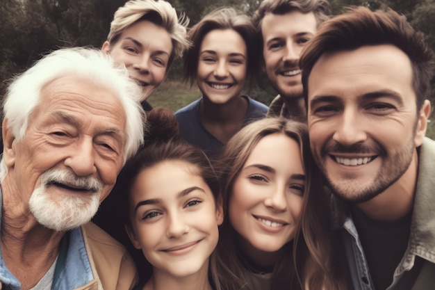 Retrato de una familia caucásica feliz abrazándose en un parque creado con tecnología de IA generativa